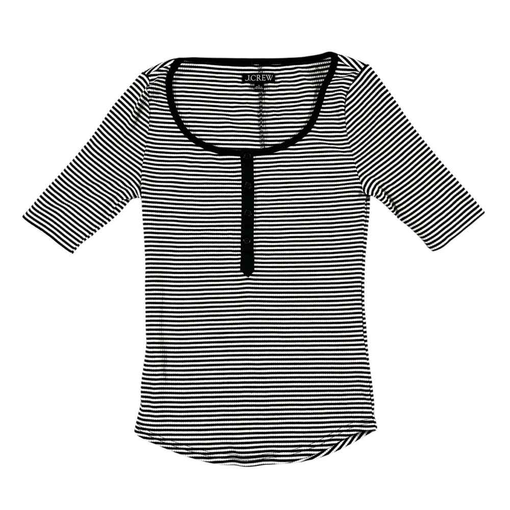 J.Crew Women's Vintage Rib Henley T-Shirt‎ in Stripe Size Small Black/White